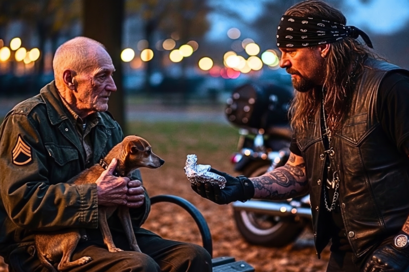 Starving and Desperate, an 88-Year-Old Veteran Looked at a Group of Hells Angels and Asked Just One Heartbreaking Question: “Can You Feed My Dog First?” — And What Happened Next Left Everyone Nearby in Complete Shock, Because the Rough-Looking Bikers People Usually Avoid Didn’t Laugh, Walk Away, or Ignore Him. Instead, the moment they realized this frail old man was more worried about his loyal dog than his own empty stomach, everything changed in an instant. Strangers stopped and stared, emotions ran high, and a simple request turned into a powerful scene of loyalty, compassion, and respect that no one saw coming — proving that sometimes the most unforgettable acts of kindness come from the people the world misunderstands the most.