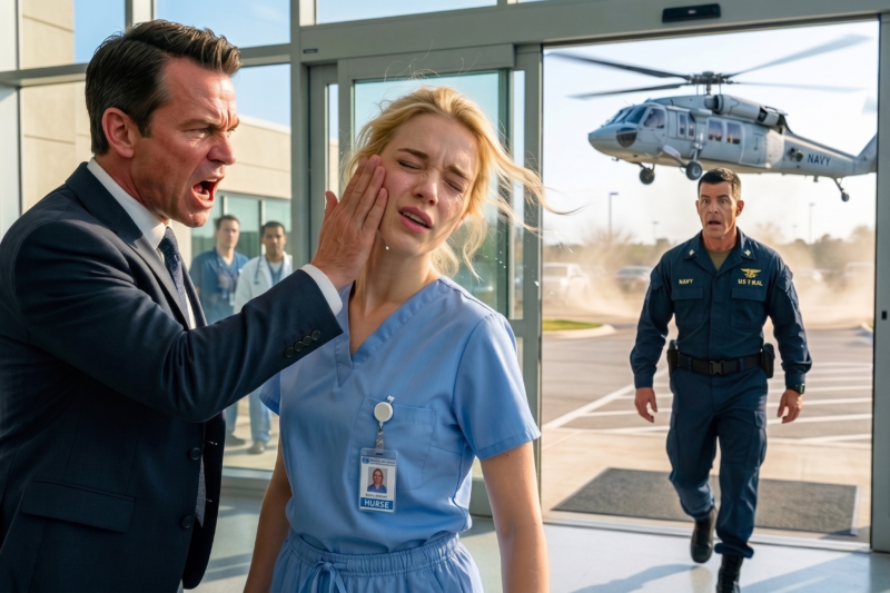 “Get Out, B****,” the CEO Sneered as He Slapped the Rookie Nurse and Ordered Security to Throw Her Out — But Seconds Later a Navy Helicopter Thundered Down Outside the Hospital, Freezing the Entire Building in Shock as Doctors, Executives, Patients, and Staff Rushed to the windows, because the quiet young nurse he had just humiliated was hiding a connection no one saw coming, and the moment uniformed officers stepped through those doors, his public outburst turned into a career-ending disaster that left the lobby silent, the witnesses stunned, and one arrogant executive realizing far too late that he had just attacked the wrong woman in front of the wrong people.