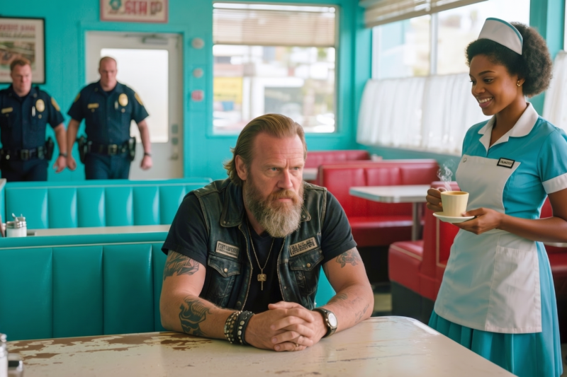 A Black Diner Owner Saw a Hells Angels Biker Being Treated Like Trouble Outside Her Small-Town Café, So She Stepped Between Him and the Police With Nothing but Her Voice, Her Courage, and the Truth Everyone Else Was Too Afraid to Say — She Thought the Moment Was Over When the Patrol Cars Left, but the Next Morning the Ground Started Shaking as 200 Motorcycles Rolled Toward Her Door. Neighbors Peered Through Curtains, Customers Froze Mid-Coffee, and She Had No Idea the Man She Defended Was Someone the Entire Biker Brotherhood Would Never Forget. What They Did Inside Her Diner Left the Whole Town Speechless. Full story in the first comment