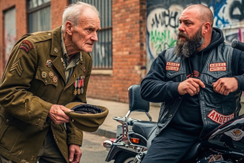 Starving, Shaking, and Too Proud to Beg for More Than a Single Dollar, an 85-Year-Old Veteran Approached a Group of Hells Angels and Quietly Asked, “Can You Spare a Dollar?” — But What Happened Seconds Later Stopped Everyone in Their Tracks, Because the Bikers People Crossed the Street to Avoid didn’t mock him, threaten him, or turn him away. Instead, one simple question exposed a heartbreaking truth about sacrifice, hunger, and forgotten heroes, setting off an emotional chain of events that left strangers speechless, brought an entire crowd to a standstill, and proved that sometimes the people with the roughest image carry the biggest hearts when it matters most.