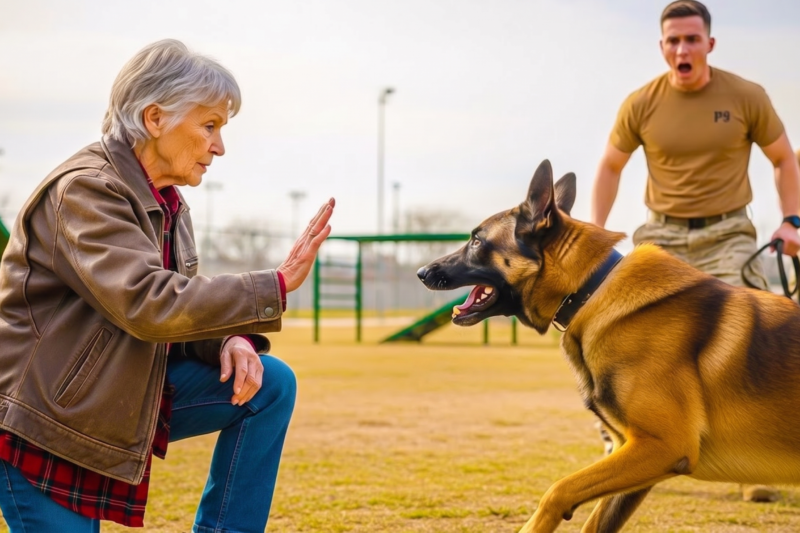 “Combat K9 Refused Every Command and Wouldn’t Let Anyone Touch Him” — The Trainers Thought the Mission-Hardened Dog Was Beyond Reach, Until a Quiet Old Woman Veteran Stepped Through the Gate, Looked Into His Eyes, and Spoke One Word That Made the Entire Base Go Silent; In an Instant, the Fierce K9 Froze, Lowered His Head, and Remembered a Past No One Else Knew, Revealing a Hidden Bond, a Forgotten Battlefield Promise, and the Truth About the Handler He Had Been Waiting For All Along — What Happened Next Left Soldiers, Officers, and Everyone Watching Fighting Back Tears.