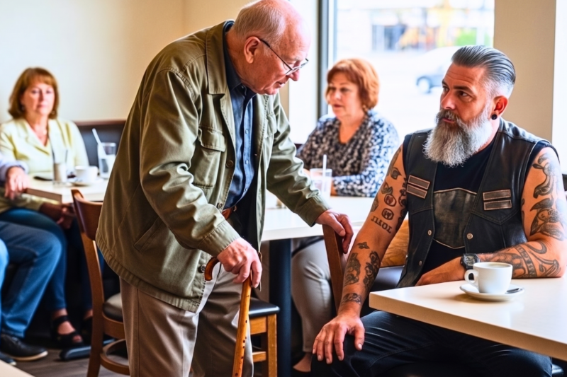 “‘Can I Sit With You?’ a Limping Old Man Asked a Hells Angels Biker — What Happened Next Will Shock You” — When a Frail, Limping Old Man Approached a Group of Rough-and-Tough Hells Angels, No One Expected the Next Words to Change Everything. But When the Biker Gestured for Him to Join and Gave Him a Seat, What Followed Was a Story That Left Everyone Stunned. A Moment of Respect, Brotherhood, and Unlikely Connection Unfolded as the Old Man Shared a Forgotten Legacy, and What He Revealed About His Past Shattered the Tough Exterior of the Biker Gang and Changed the Rest of Their Lives Forever.
