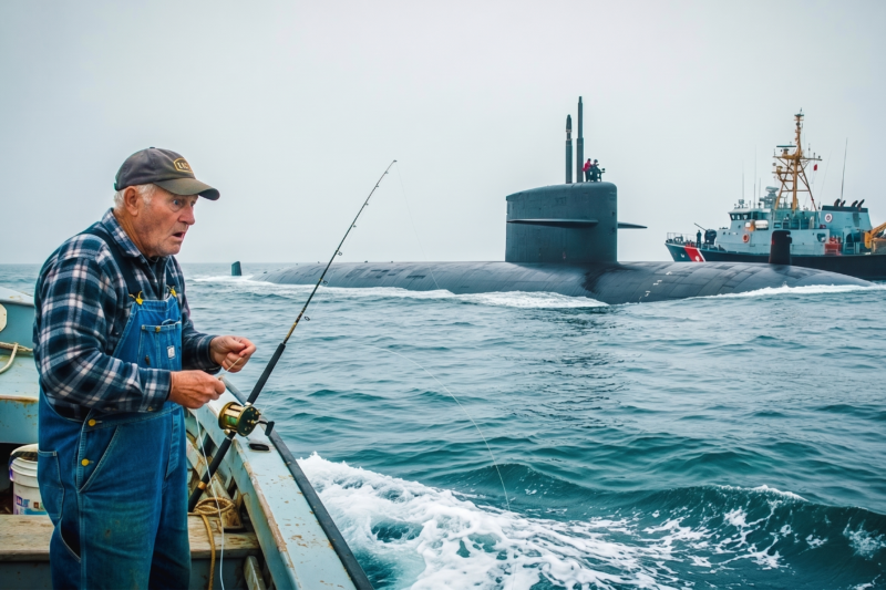 An Old Veteran Was Quietly Fishing Alone at Sunrise When a Navy Submarine Emergency Broke Across the Radio—Everyone Thought He Was Just a Forgotten Man With a Tackle Box, Until the Captain Shouted the Code Name “Steel Phantom” and the Entire Dock Went Silent… Seconds Later, the Retired Sailor Stood Up, Removed His Hat, and Revealed the Secret Mission History No One in Town Had Ever Heard, Turning a Peaceful Morning Into the Moment That Made Every Officer Present Salute Him With Tears in Their Eyes
