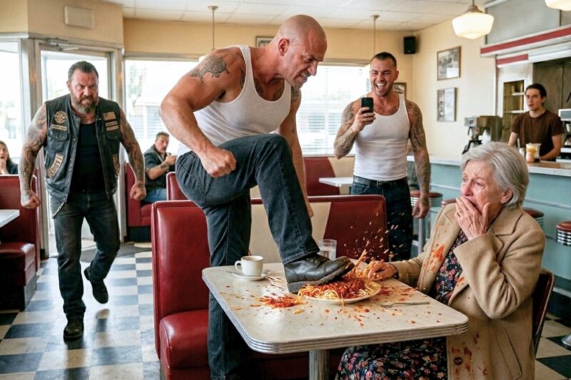 Bullies Screamed “Get Out!” and Kicked an Elderly Woman’s Dinner Across the Floor, Laughing as She Bent Down to Pick It Up With Shaking Hands—But They Had No Idea the Quiet Man Walking Up Behind Them Was Her Son, a Respected Hells Angels Leader Who Had Been Searching for Her All Day… Seconds Later, the Restaurant Went Silent, the Cruel Smirks Vanished, and the Same Woman They Treated Like Trash Was Standing Beside 97 Riders Who Called Her “Mom,” Turning One Heartless Moment Into the Most Humiliating Wake-Up Call Those Bullies Would Never Forget