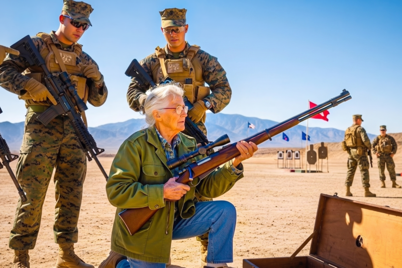 Young Marines Burst Out Laughing When an Old Woman Walked Onto the Range Carrying Her “Ancient” Rifle — They Mocked Her Shaking Hands, Her Worn-Out Boots, and the Weapon They Thought Belonged in a Museum… Until She Asked for One Quiet Minute, Adjusted the Scope Like a Ghost From Another Era, and Made a 4,800-Meter Shot No One in the Unit Believed Was Possible — But When the Commanding Officer Saw the Name Engraved on Her Rifle, Every Marine Stopped Smiling, Because Her Past Wasn’t Just Legendary… It Was Classified. Full Story in the Comments