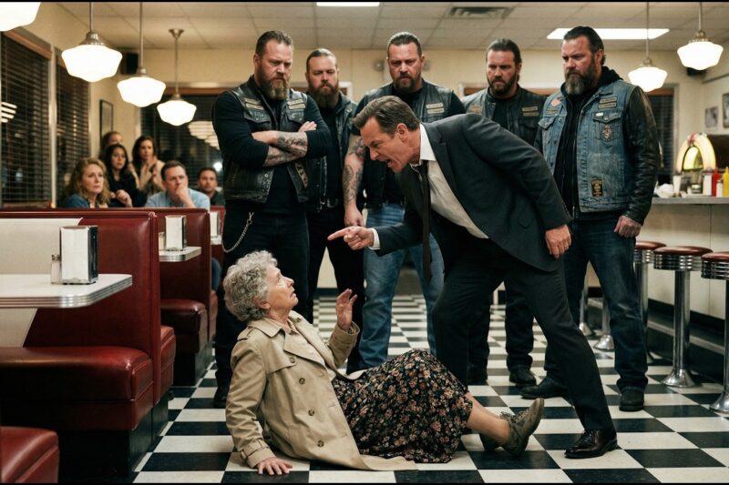 He Thought the Frail Old Woman Was Helpless When He Cornered Her Outside the Diner and Mocked Her Worn Jacket, Her Shaking Hands, and the Old Motorcycle Pin on Her Purse — But the Smile Vanished From His Face When She Calmly Made One Phone Call and Her Son Rolled Up With the Hells Angels. Within Seconds, the Whole Parking Lot Went Silent, Because the Woman He Tried to Humiliate Wasn’t Alone, and the Man Stepping Off That Harley Was Carrying a Family Secret That Turned a Cruel Joke Into a Lesson Everyone Would Remember. Full Story in the Comments