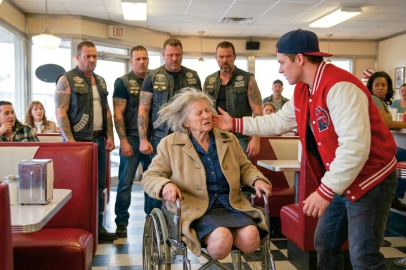 Three cruel bullies thought a disabled elderly woman was an easy target when they mocked her, slapped her, and knocked her meal across a quiet roadside diner — but they had no idea the trembling woman they humiliated was loved by an entire brotherhood. Seconds later, the door swung open, leather jackets filled the room, and a line of bikers stepped inside with one chilling question that made every customer freeze: “Who touched her?” What happened next turned a simple lunch into the most unforgettable lesson in respect, courage, and payback that the whole town would never stop talking about.