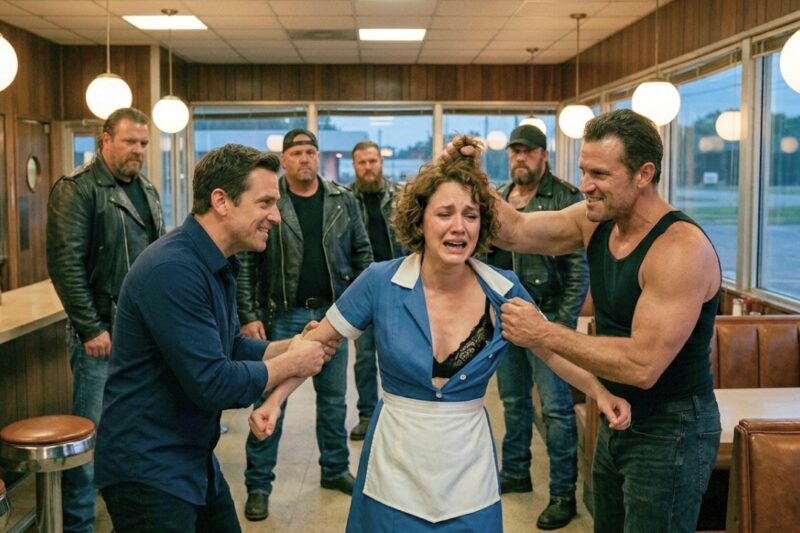 A Group of Arrogant Thugs Walked Into a Quiet Roadside Diner and Barked, “Serve Us Now,” at a Tired Waitress Who Was Only Trying to Finish Her Shift — But Their Cruel Laughter Stopped Cold When the Door Opened, 100 Hells Angels Bikers Stepped Inside, and the Leader Recognized Her Immediately. What Happened Next Turned One Humiliating Moment Into a Lesson About Respect, Loyalty, and the Kind of Backup Nobody in That Diner Ever Expected to See.