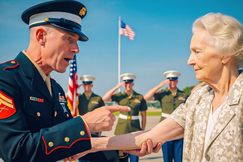 Grandma Arrived Quietly at Her Grandson’s Boot Camp Graduation, Wearing a Simple Dress and Smiling Through the Crowd Like Any Proud Family Member — Until the Marine Commander Noticed the Faded Tattoo on Her Wrist, Stopped Mid-Speech, and Went Completely Silent. Nobody Understood Why He Suddenly Stood at Attention, but within seconds, every recruit was staring as the truth about this elderly woman’s past came out, turning a proud graduation day into a moment of shock, respect, and history her grandson never saw coming.