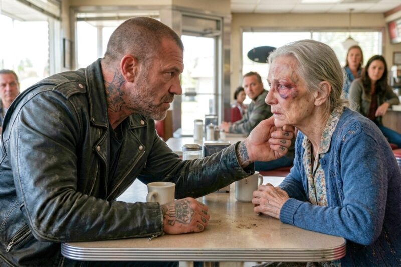 “Who Hit My Mom?!” the Hells Angels Boss Roared When He Walked Into a Quiet Roadside Diner and Saw His Elderly Mother Sitting Alone With a Black Eye, Her Hands Trembling Around a Cold Cup of Coffee — But the Cruel Men Laughing in the Corner Had No Idea Who She Was, or Who Had Just Come Through the Door. Within Seconds, the Entire Room Fell Silent, 100 Bikers Stood Behind Him, and one heartbreaking truth turned that diner into a moment of shock, loyalty, and unforgettable justice.