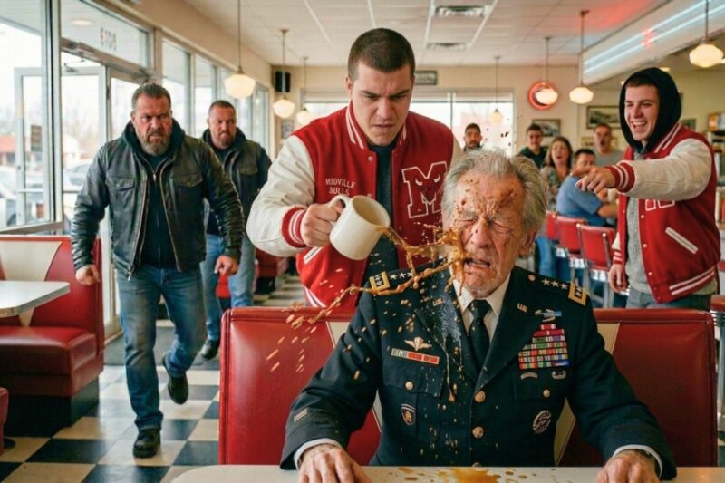 A Group of Heartless Bullies Thought It Was Funny to Mock an Elderly Navy Veteran Sitting Alone in a Coffee Shop, Laughing at his age, his worn jacket, and the service cap he still wore with pride — but the cruel scene came to an abrupt halt when the front door opened and a convoy of Hells Angels bikers stepped inside. What looked like an ordinary morning instantly turned tense as the bikers recognized the old man, their faces changed, and the entire room fell into stunned silence. Within moments, the mockery was gone, the balance of power shifted, and everyone there realized they had judged the wrong man.
