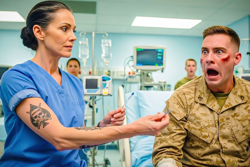 “Get Someone Else,” the Marine Commander Snapped, Humiliating the Quiet Nurse in Front of the Entire Unit — But Seconds Later, She Rolled Up Her Sleeve, Revealed the Faded Tattoo of the Same Unit He Once Served Under, and Turned a Routine Medical Check Into a Moment So Silent, So Personal, and So Shocking That Every Marine in the Room Froze, Wondering Who She Really Was, What Mission She Had Survived, and Why the Commander Suddenly Looked Like He Had Seen a Ghost from His Own Past