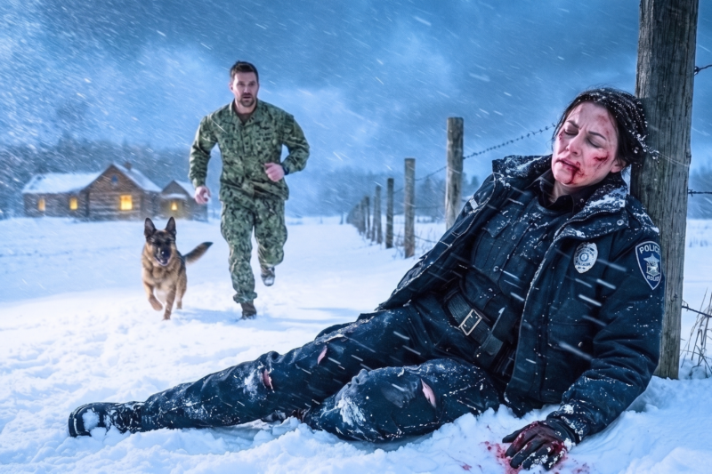 A Navy SEAL Thought His Leave Would Be a Quiet Return Home — Until His Loyal K9 Broke Free During a Snowstorm, Dragged Him into the Frozen Woods, and Led Him to a Wounded Officer Clinging to Life Beneath the Ice-Cold Silence… But When the SEAL Saw the Officer’s Badge, the Strange Mark in the Snow, and the Message Hidden Inside Her Glove, He Realized This Wasn’t Just a Rescue — It Was the Beginning of a Secret That Could Shake the Entire Town Before Sunrise