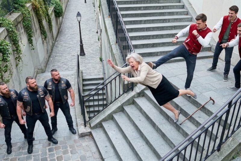 “Move, Old Hag!” the Cruel Bullies Laughed as They Kicked an Elderly Woman Down the Stone Stairs, Thinking No One Would Dare Stop Them — But They Never Noticed the Three Hells Angels Standing in Silence at the Bottom, Watching Every Second With Cold, Furious Eyes… And When the Old Woman’s Cane Hit the Ground, One Biker Stepped Forward, Recognized Her Face, and Revealed the Heartbreaking Reason This Wasn’t Just a Random Attack, but a Mistake the Bullies Would Never Forget