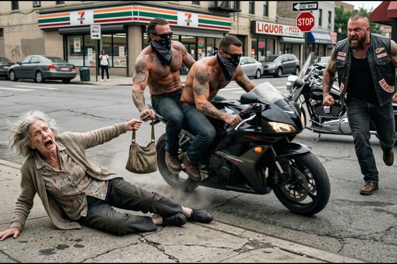 What looked like a cruel street robbery targeting a helpless elderly woman took a shocking turn when the thugs who shoved her for her handbag realized far too late that they had chosen the wrong victim — because just steps ahead, waiting at the end of the block, was her feared Hells Angels son, a man with a terrifying reputation, a long memory, and absolutely no intention of letting his mother’s humiliation go unanswered, setting the stage for a tense, explosive confrontation that left witnesses frozen, the attackers panicking, and the entire neighborhood talking about the moment karma arrived faster than anyone expected.