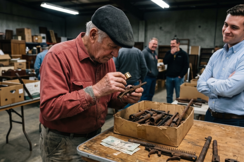 At an Estate Sale, Everyone Laughed When an Old Veteran Paid Just $60 for a Dusty Box of Rusty “Junk Parts” Nobody Wanted — But the Moment He Spread Them Across His Workbench, His Hands Began to Shake; Piece by Piece, He Rebuilt a Forgotten World War II Relic Worth More Than Money, Unlocking a Hidden Battlefield Secret, a Family Mystery, and a Final Message From the Past That Left Collectors Silent and the Home’s Owners Wondering How They Had Almost Thrown Away History