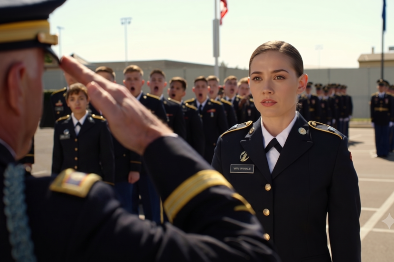 At the crowded military ceremony, they mocked the quiet woman in uniform, treated her like a clueless cadet, and ordered her to step aside as if she didn’t belong — until a battle-hardened Marine walked in, froze at the hidden emblem on her jacket, and shouted, “Iron Wolf, stand by!” In that single moment, the room went silent, the officers turned pale, and everyone realized the woman they had humiliated wasn’t a beginner at all, but a forgotten legend carrying a secret no one was ready to face.