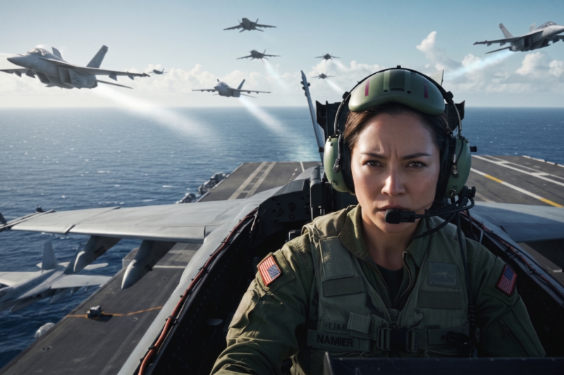 F-22s raced to intercept a mysterious lone pilot circling above a U.S. aircraft carrier, but the moment their warning crackled across the radio, every officer on deck went silent—because the calm female voice that answered knew classified call signs, revealed an impossible code from a mission officially buried years ago, and forced the entire command room to question everything they thought they knew: was she a threat, a forgotten hero, or the only person who understood the secret danger moving toward the fleet before anyone else could see it?