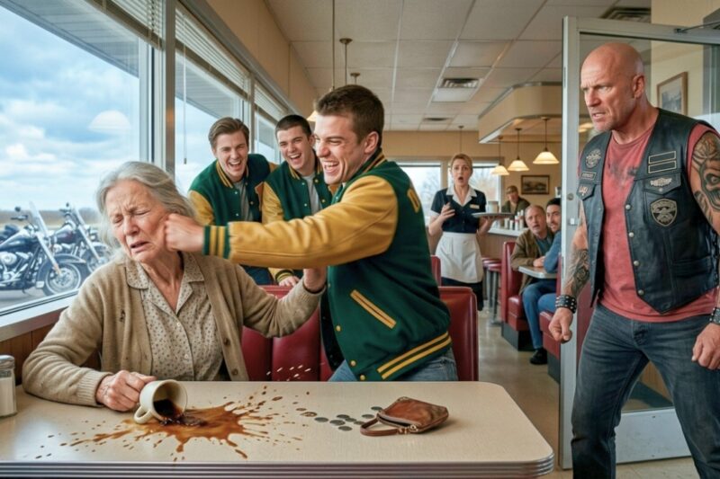 Bullies Thought They Could Get Away With Slapping an Elderly Woman in the Diner, Laughing at Her Frailty, Never Imagining That the Moment They Chose to Humiliate Her Would Turn Deadly for Them When Her Son, the Feared Hell’s Angels Boss, Walked In Unseen, His Presence Instantly Shifting the Atmosphere as Every Eye in the Room Went Wide, Hearts Raced, and a Simple Act of Cruelty Threatened to Trigger Chaos Beyond Anything They Could Have Anticipated, Leaving Everyone Frozen and Wondering What Would Happen Next.