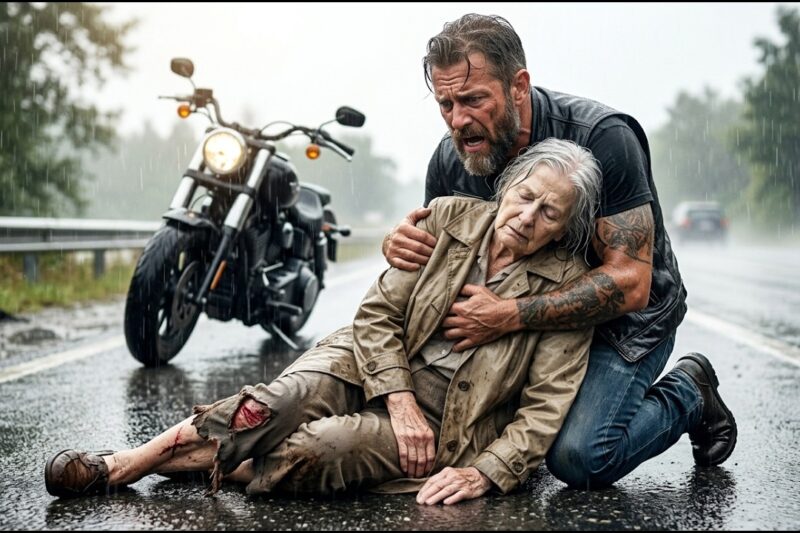 An Elderly Woman Collapsed on a Rain-Soaked Road With a Broken Leg, Ignored by Drivers Who Kept Passing Through the Storm — Until a Tattooed Hells Angel Pulled Over, Wrapped Her in His Jacket, and Made One Decision That Changed Everything, Proving the Man Everyone Feared Was the Only One Brave Enough to Save a Stranger No One Else Would Help