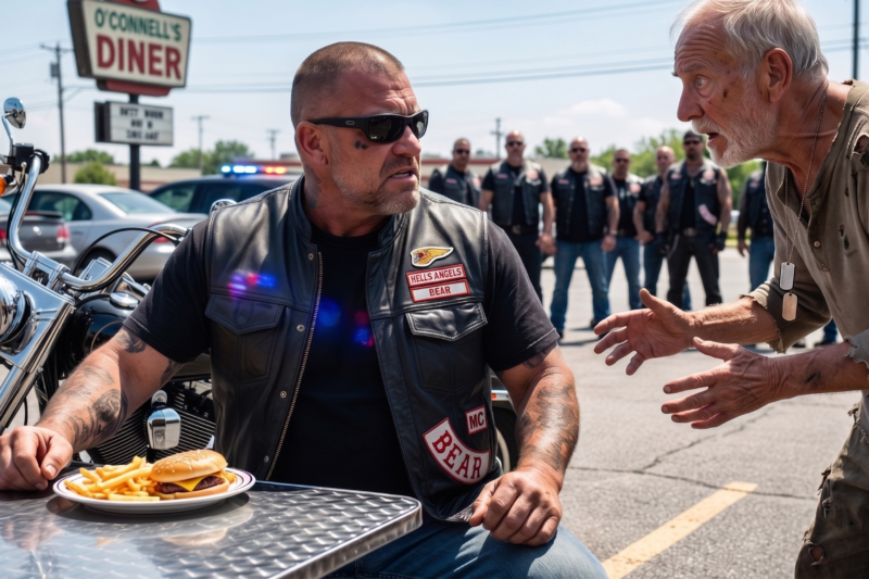 A starving old man stood outside a biker hangout begging for scraps, his hands shaking, his clothes torn, and his voice barely strong enough to ask for one bite of food — and most people looked away, assuming he was just another forgotten stranger with nothing left. But everything changed the moment a group of Hells Angels stopped, took a closer look, and uncovered a hidden past so shocking, so heartbreaking, and so unbelievable that the entire crowd fell silent. Who was this frail elder really, and why did hardened bikers suddenly treat him like a man they could never turn their backs on? What they discovered next changed everything — and no one who witnessed it would ever forget that day.