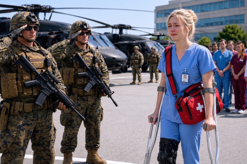 They Mocked the Limping Nurse and Told Her to Stay Behind, Saying She Would Only Slow Everyone Down — But Minutes Later, Four Marine Helicopters Thundered Over the Base, Dust Filled the Air, and Armed Officers Jumped Out Demanding to Know Where “Angel Six” Was, Freezing the Entire Room as the Nurse Slowly Rose From Her Chair, Reached for an Old Badge Nobody Had Seen Before, and Revealed That the Woman They Had Dismissed Was the One Person the Mission Could Not Begin Without.