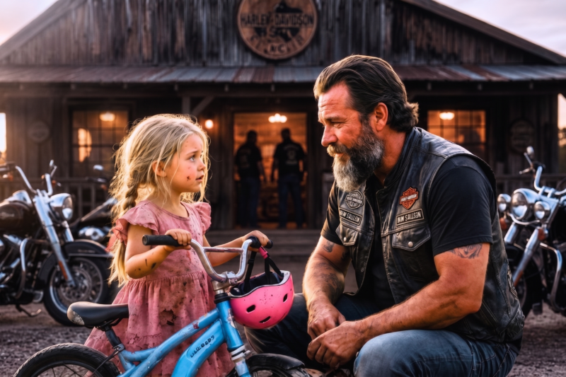 “She Begged the Bikers to Buy Her Little Bike” — Everyone Thought It Was Just a Sad Child Trying to Earn a Few Dollars, Until the Hells Angels Noticed the Trembling Note Hidden Under the Seat, Followed Her Home in Silence, and Discovered the Heartbreaking Truth Her Family Had Been Too Afraid to Say Out Loud — Turning One Ordinary Street Corner Into the Moment a Whole Town Realized This Wasn’t About a Bicycle at All, But a Desperate Cry for Help Nobody Else Had Heard.