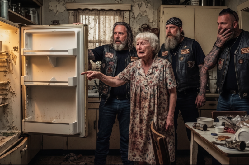 A crying 77-year-old woman stood trembling in her kitchen and showed a group of Hells Angels the heartbreaking truth inside her home — an empty fridge, no food, no help, and no one left to turn to — and what happened next left the entire neighborhood stunned, because the rough-looking bikers everyone feared suddenly responded in a way nobody saw coming. Within hours, whispers spread, cars slowed down outside her house, and people could hardly believe how fast one painful moment turned into something so emotional, so unexpected, and so powerful that it changed her life overnight. Why did this elderly woman’s quiet desperation hit these hardened men so deeply, and what they did after seeing that empty fridge is the reason this story is making so many people stop, stare, and rethink everything they thought they knew.