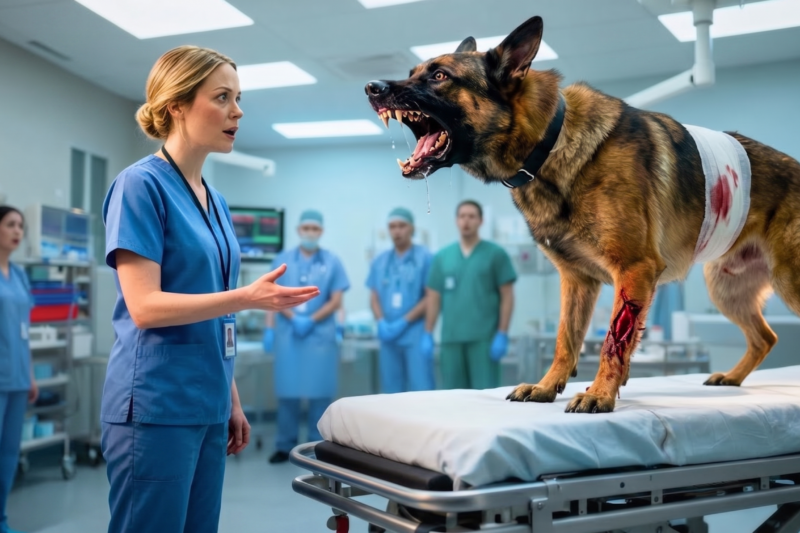 The wounded K9 SEAL dog growled, thrashed, and refused treatment from every doctor, medic, and handler in the room, leaving hospital staff terrified that even seconds of delay could cost him everything — until a rookie nurse stepped closer, looked into his eyes, and quietly spoke the secret code known only inside his unit. What happened next stunned everyone: the dog instantly froze, lowered his guard, and became calm in a way no one thought possible. How could a brand-new nurse know words tied to one of the military’s most elite teams, and why did the veteran beside him react with total shock the moment he heard her speak? The truth behind that code changed everything.
