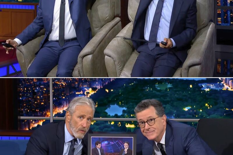 Fans thought it would be an emotional farewell — but no one expected THIS surprise on The Late Show with Stephen Colbert!  During his third-to-last episode, Stephen Colbert was left completely stunned when his former The Daily Show boss, Jon Stewart, walked on stage with a mystery celebrity guest and a hilariously unexpected “cancellation gift” that instantly sent the audience into chaos.  What started as a nostalgic reunion quickly turned into one of the funniest and most emotional late-night moments of the year, packed with inside jokes, heartfelt memories, and the kind of chemistry fans have missed for decades. 