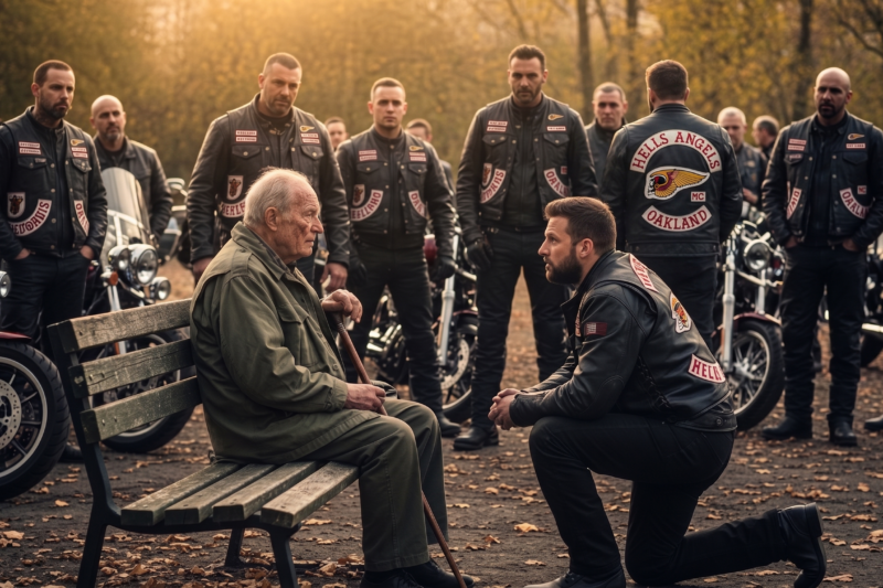 An abandoned 89-year-old veteran walked up to a group of Hells Angels with tears in his eyes and made one heartbreaking request that instantly changed the mood of the entire day: “Can you pretend we’re friends?” He wasn’t asking for money, food, or even a place to sleep — just one small moment of dignity so he wouldn’t have to feel invisible anymore. What happened next left the parking lot silent, hardened bikers visibly emotional, and everyone nearby realizing they were witnessing something far bigger than a simple conversation. Why did this forgotten old man’s words hit so deeply, and what the bikers did for him after that turned a painful moment of loneliness into a powerful story of respect, loyalty, and unexpected brotherhood?
