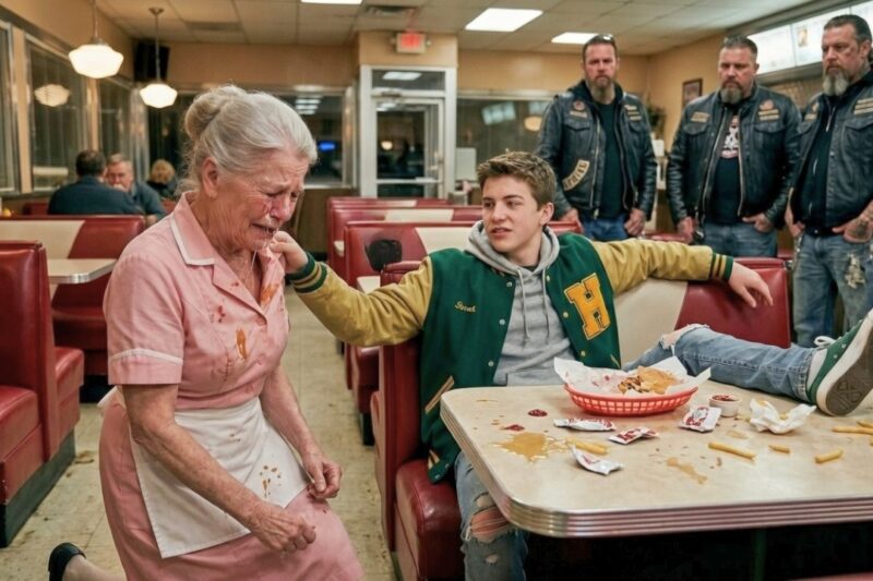 A rich, arrogant teen thought he could humiliate a tired waitress in the middle of a crowded restaurant, sneering at her, talking down to her, and then crossing a line so disgusting that the entire room went silent — but what he didn’t realize was that 10 Hells Angels bikers were standing right behind him, watching every second with growing fury. One by one, heads turned, chairs stopped moving, and the smug confidence on his face began to disappear as he slowly understood he had just picked the wrong woman, in the wrong place, in front of the wrong witnesses. What happened in the next few moments left customers frozen, staff in shock, and everyone asking the same question: did this spoiled teen finally meet the moment that changed him forever?