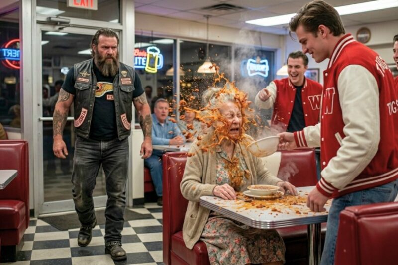 Bullies Poured Hot Soup on a Helpless Old Lady in Public, Laughing as She Sat There Humiliated and Alone — But What They Thought Was a Cruel Joke Turned Into a Nightmare the Moment the Hells Angels Boss Arrived and Revealed He Was Her Grandson, Unleashing a shocking chain of events that left witnesses speechless, the town on edge, and the attackers begging for mercy too late, as a simple act of cruelty exposed their arrogance, her hidden family ties, and the terrifying truth that they had chosen the worst possible victim on the worst possible day imaginable