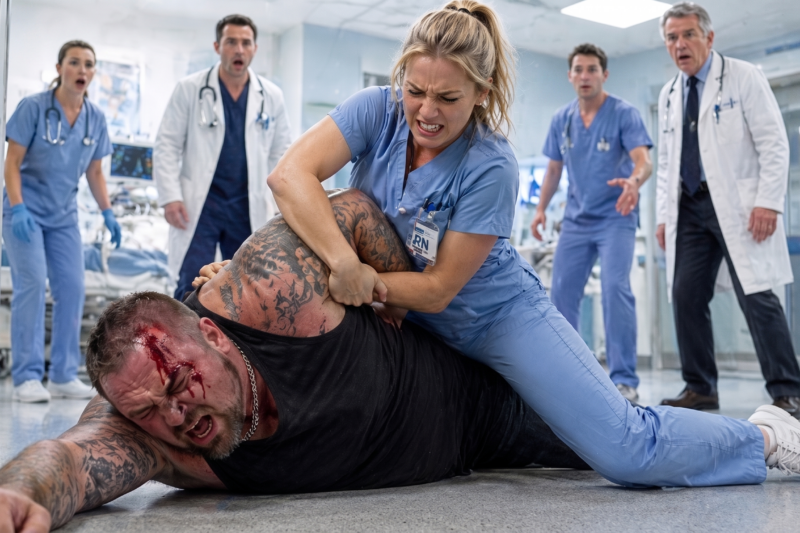 The 7-Foot Giant Charged the ER, Sending Doctors and Security Into Panic—But the Quiet ‘Rookie’ Nurse Didn’t Flinch, Stepped Directly Into His Path, and Stopped Him Instantly With a Move No Ordinary Medic Should Know, Leaving the Entire Hospital Frozen as a Senior Officer Recognized Her Name, Her Training, and the Secret Past She Had Been Hiding Behind Her Scrubs