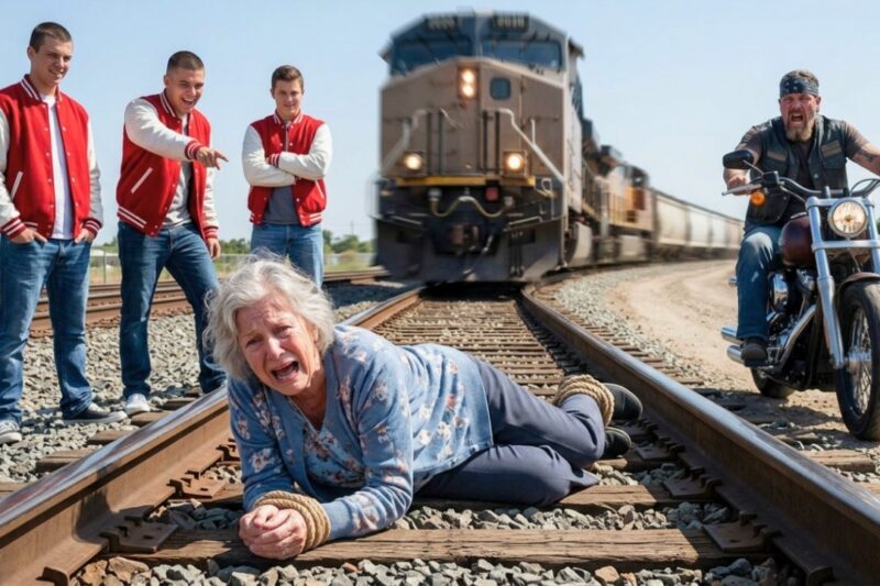 They Thought Tying a Helpless Old Lady to the Train Tracks Would Be Their Sickest Joke Yet — But Seconds Before the Train Came, the Roar of Motorcycles Shook the Ground, and the Bullies Realized Too Late That the Woman They Chose to Humiliate Wasn’t Alone… Her Son Was a Feared Hells Angels Rider, He Had Been Searching for Her All Night, and What Happened Next Turned Their Cruel Prank Into the Most Terrifying Lesson of Their Lives