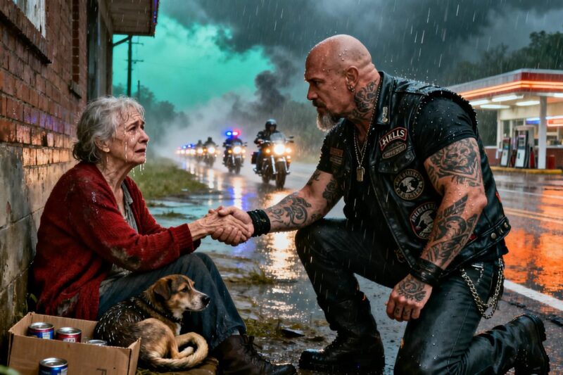 Elderly Woman Was Left Starving Behind A Gas Station While Strangers Walked Past Like She Was Invisible — But When 200 Hells Angels Bikers Rolled In And Saw Her Sitting In The Cold With Nothing But A Torn Coat And A Secret She Refused To Tell, They Stopped The Entire Town In Its Tracks, Uncovered The Heartbreaking Truth About Who Abandoned Her, And Turned One Forgotten Woman’s Silent Suffering Into A Powerful Act Of Loyalty, Justice, And Unexpected Kindness No One There Would Ever Forget