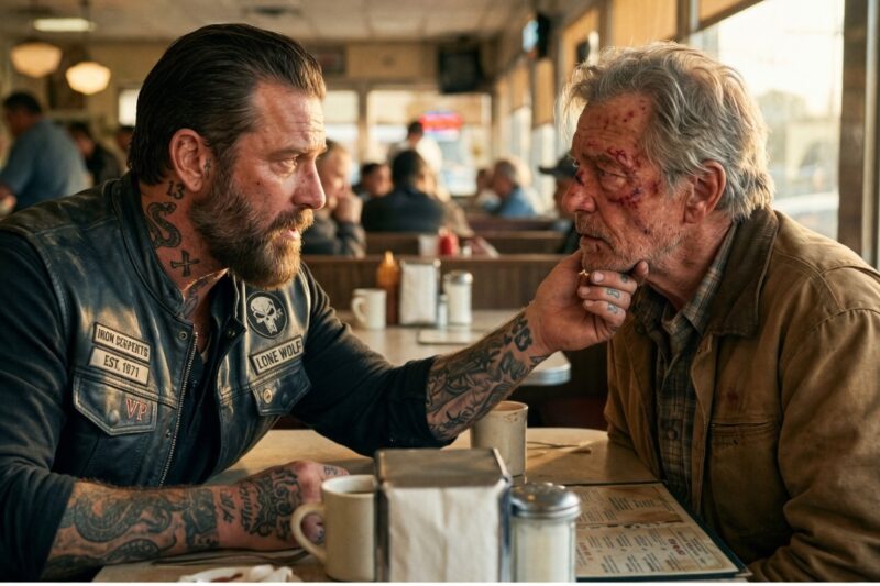 “Who Hurt My Father?” The Entire Diner Went Silent When The Biker Walked In, His Boots Echoing Across The Floor As The Men Who Had Mocked The Frail Old Man Suddenly Realized They Had Chosen The Wrong Stranger To Humiliate — Because Behind That Leather Jacket Was Not Just A Son Looking For Answers, But The Leader Of A Brotherhood Ready To Expose The Secret That Shamed The Whole Town, Uncover Who Had Been Taking Advantage Of His Father, And Turn One Cruel Lunch Hour Into A Reckoning No One In That Diner Would Ever Forget