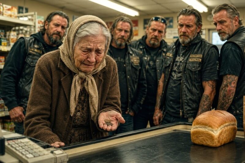 Grandma Counted Her Last Dollars For Bread, Hoping No One Would Notice Her Trembling Hands At The Counter — But When 200 Bikers Walked In And Saw The Cashier Quietly Take The Loaf Away, The Store Fell Silent, Their Leader Stepped Forward, And What They Discovered About Her Empty Kitchen, Her Missing Family, And The Reason She Had Been Living On Pennies Turned One Humiliating Moment Into A Stunning Act Of Kindness, Loyalty, And Public Shame That Left Everyone Watching With Tears, Regret, And A Story They Would Never Forget