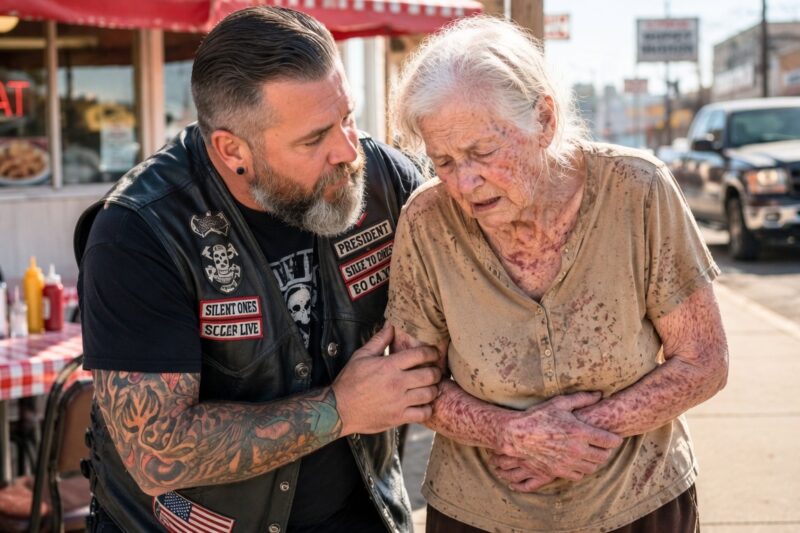 “I’m Starving,” Cried The 82-Year-Old Woman, Her Voice Breaking As She Clutched An Empty Purse In The Corner Of The Diner — But When A Hells Angel Biker Heard Her Words, The Laughter Stopped, The Room Fell Silent, And One Unexpected Move From The Man Everyone Feared Turned Her Shame Into A Moment No One Could Forget, Revealing The Heartbreaking Truth About Her Abandoned Home, The Family Who Left Her Behind, And The Brotherhood Of Strangers Who Proved Kindness Can Arrive Wearing Leather And Riding In Like Thunder