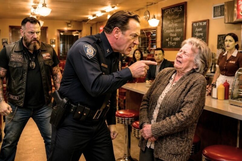The Dirty Sheriff Humiliated an Old Lady in a Small-Town Diner, Laughing as Everyone Watched in Silence—But He Had No Idea Her Biker Son Was Standing Outside, Hearing Every Cruel Word Through the Window; Minutes Later, the Engines Roared, the Doors Swung Open, and the Man He Thought Was Just Another Outlaw Walked In With a Secret That Could Ruin His Badge, Expose His Corruption, and Turn the Entire Town Against the Sheriff Who Finally Picked on the Wrong Mother by Sunrise, No One Remembered His Power—Only the Truth Her Son Forced Into the Light