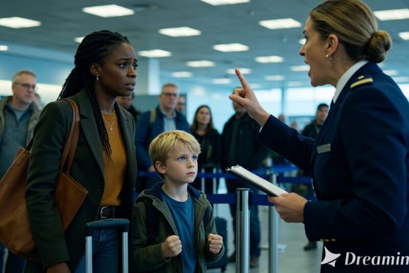 “She’s Not Your Mother”—The Gate Agent Sneered At The Black Stepmom Traveling With A 6-Year-Old Billionaire’s Son. The Boy Reached For The Microphone.