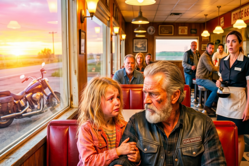 A Terrified Little Girl Walked Into a Crowded Diner, Grabbed the Arm of a Rough-Looking Hells Angel, and Whispered, “Pretend You’re My Dad” — Everyone Expected Him to Push Her Away, But Instead He Stood Up, Placed One Protective Hand on Her Shoulder, and Turned the Entire Room Silent With What He Did Next, Revealing a Hidden Kindness No One Saw Coming and a Reason Behind Her Plea That Left Even the Toughest Bikers Fighting Back Tears