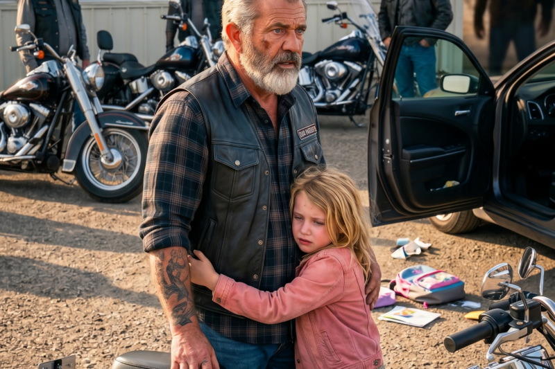 A Tough Biker Was Standing Outside a Lonely Roadside Diner When a Little Girl Suddenly Ran Up and Wrapped Her Arms Around Him Like She Knew Him — Everyone Laughed at the Strange Moment, Thinking She Had Mistaken Him for Someone Else, Until He Looked Over Her Shoulder and Noticed What Was Following Behind Her, Turning His Expression Ice-Cold as the Entire Parking Lot Fell Silent and the Bikers Around Him Realized This Wasn’t a Cute Accident, but a Plea for Help Only He Could Understand
