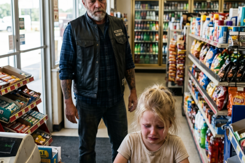 A Little Girl Quietly Wrote “Help Me” on a Dollar Bill at a Lonely Gas Station, Then Slipped It to a Rough-Looking Biker While Everyone Else Looked Away — At First, the Cashier Thought It Was Nothing, But the Biker Saw the Fear in Her Eyes, Noticed the Strange Car Waiting Outside, and Made One Calm Move That Changed Everything, Turning a Forgotten Stop on the Highway Into the Moment an Entire Biker Club Rushed In to Protect a Child No One Else Had Dared to Save