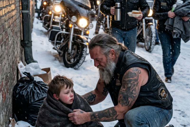 A Hells Angel Found a Starving Boy Curled Beneath a Snow-Covered Bridge, Clutching a Torn Backpack and Whispering That No One Was Coming for Him — But When the Biker Lifted Him Into His Jacket and Sent One Quiet Message to His Club, 945 Riders Thundered Through the Frozen Town, Turning a Forgotten Child’s Silent Cry Into a Rescue So Powerful That Neighbors Opened Their Doors, Officers Stopped Traffic, and Even the Toughest Men Broke Down When They Learned What the Boy Had Been Trying to Survive All Alone
