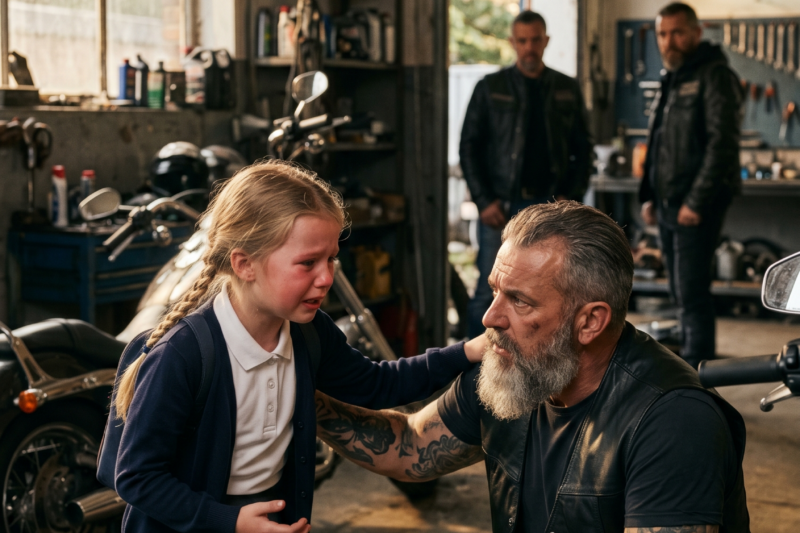 “A Man Tried to Grab Me After School,” the Little Girl Cried as She Raced Into Her Biker Dad’s Garage, Shaking and Barely Able to Speak — The Whole Club Went Silent When They Saw Her Torn Backpack, But What Her Father Did Next Wasn’t Rage, It Was Something Far More Powerful: One Calm Call, One Line of Motorcycles Outside the School, and a Promise That Every Parent in Town Would Remember the Day a Frightened Child Finally Found the Courage to Tell the Truth