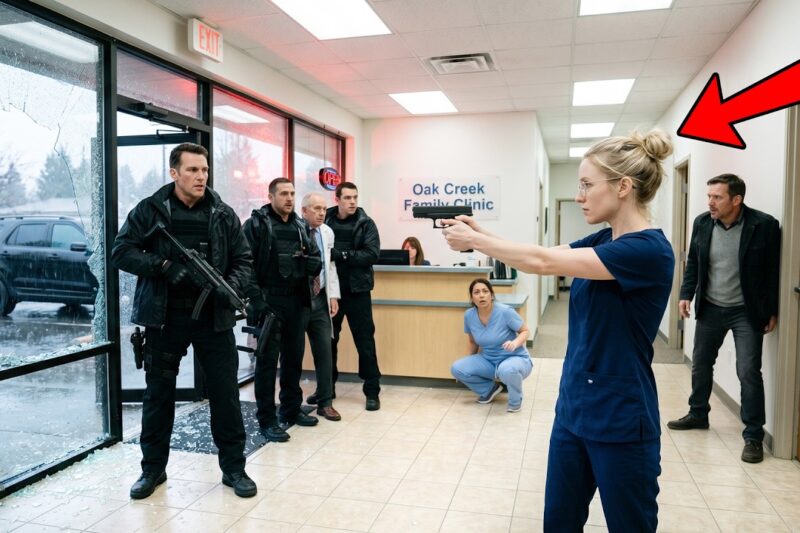 Nobody knew the timid clinic nurse who avoided eye contact, whispered to patients, and let arrogant doctors treat her like a frightened beginner was once a Navy SEAL sniper with a record no file could fully explain — until a hit squad walked through the clinic door looking for a wounded witness, the alarms screamed, everyone froze in panic, and the quiet woman in scrubs calmly stepped between them and the patients, revealing with one chilling command that the most dangerous person in the building had been hiding in plain sight all along.