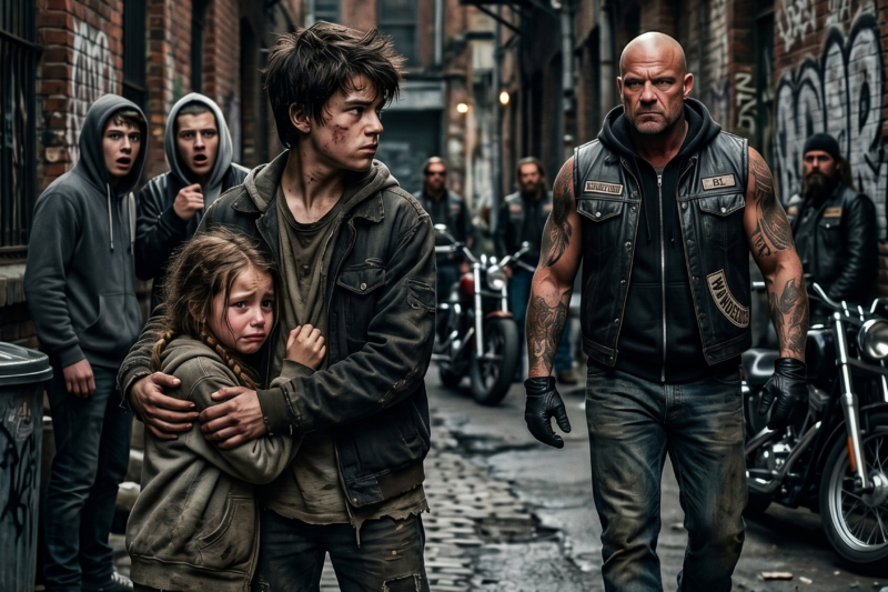 A homeless boy took a brutal beating to defend a biker’s daughter from cruel bullies, and everyone walked past him like he was invisible — but when the girl ran home crying and told her father what the forgotten street kid had done for her, the entire Hells Angels chapter rolled into town before sunrise, not for revenge, but to give that boy something no one had ever offered him before: protection, family, and a reason to believe his life still mattered.