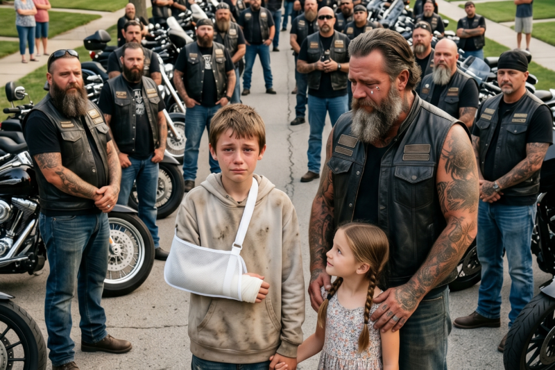 Homeless Boy Broke His Arm Saving the Life of a Hells Angels Daughter — Everyone Thought He Was Just a Dirty Street Kid Nobody Would Ever Notice, but when her biker father discovered the truth, the entire clubhouse fell silent, 200 Hells Angels rolled into town the next morning, and what they did outside the hospital left nurses, police, and bystanders in tears as they gave the brave boy something he had never had before: a family, a home, and a promise that he would never be forgotten again.
