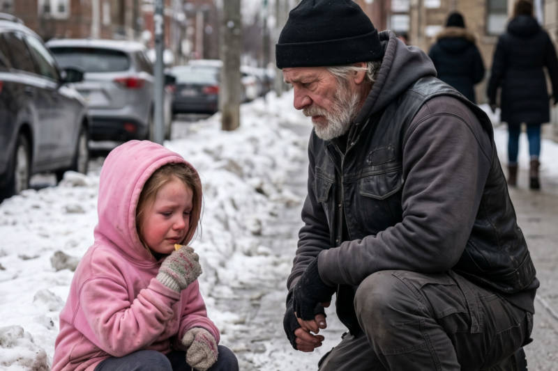 “‘This Is the Only Place I Can Find Food…’ the hungry girl whispered outside the roadside diner, clutching an empty paper bag while everyone hurried past her — but when a hardened biker heard those words, his heart broke in a way he never expected. He thought he was only buying her a meal, until she revealed where she had been sleeping, why she never went home, and why she was terrified of being found. Minutes later, the entire biker club arrived, and what they did next left the whole town in tears.